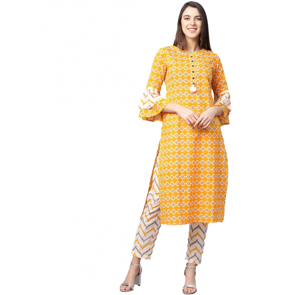 Vaystra Casual 3/4 th Sleeve Floral Printed Cotton Kurti Set – Mustard