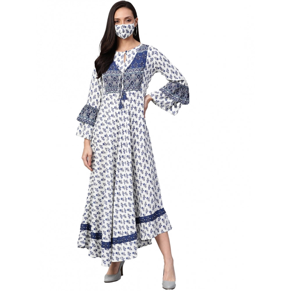 Vaystra Casual Bell Sleeve Floral Printed Rayon Dress – White & Blue