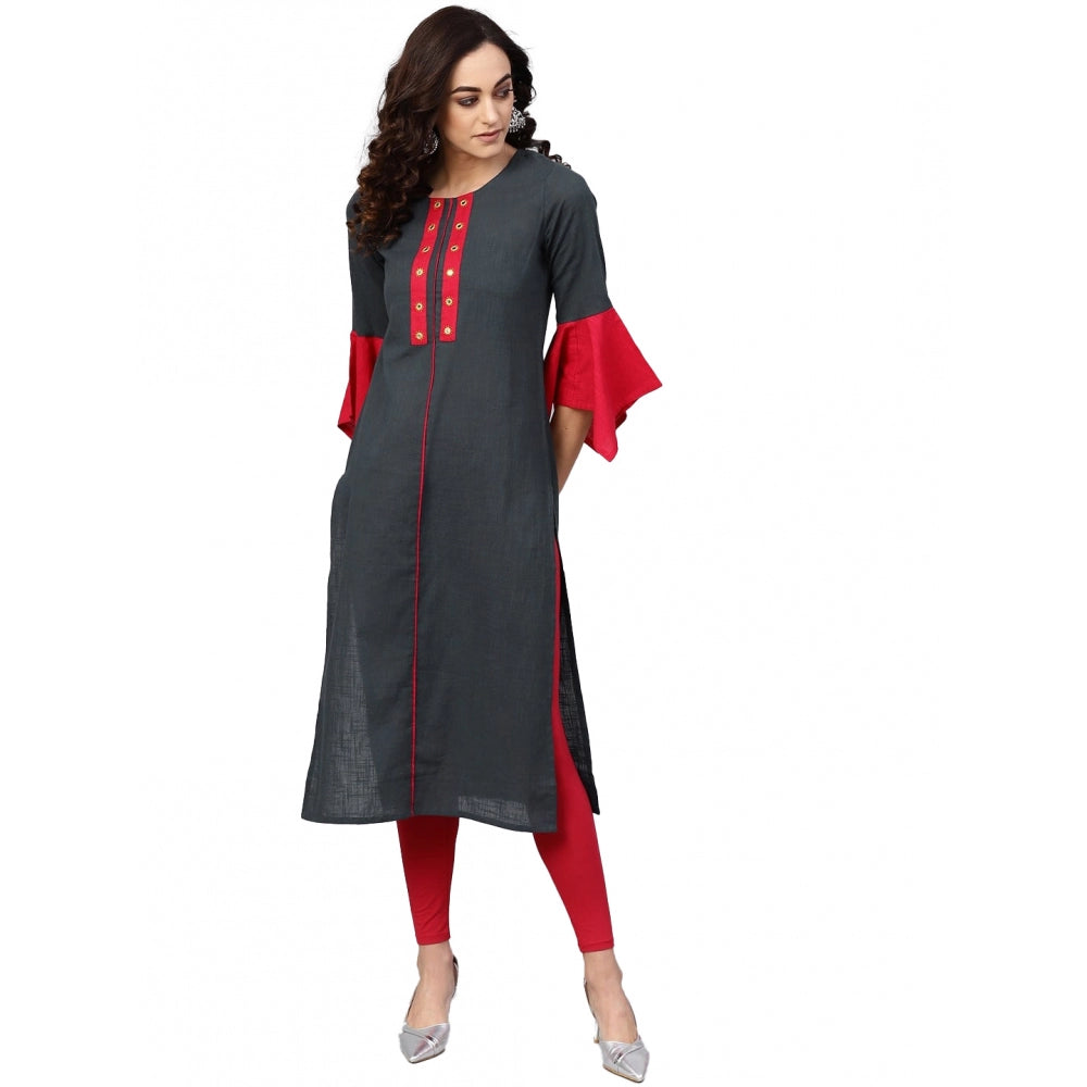 Vaystra Casual Bell Sleeves Mirror Work Cotton Slub Kurti – Grey