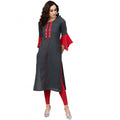 Vaystra Casual Bell Sleeves Mirror Work Cotton Slub Kurti – Grey
