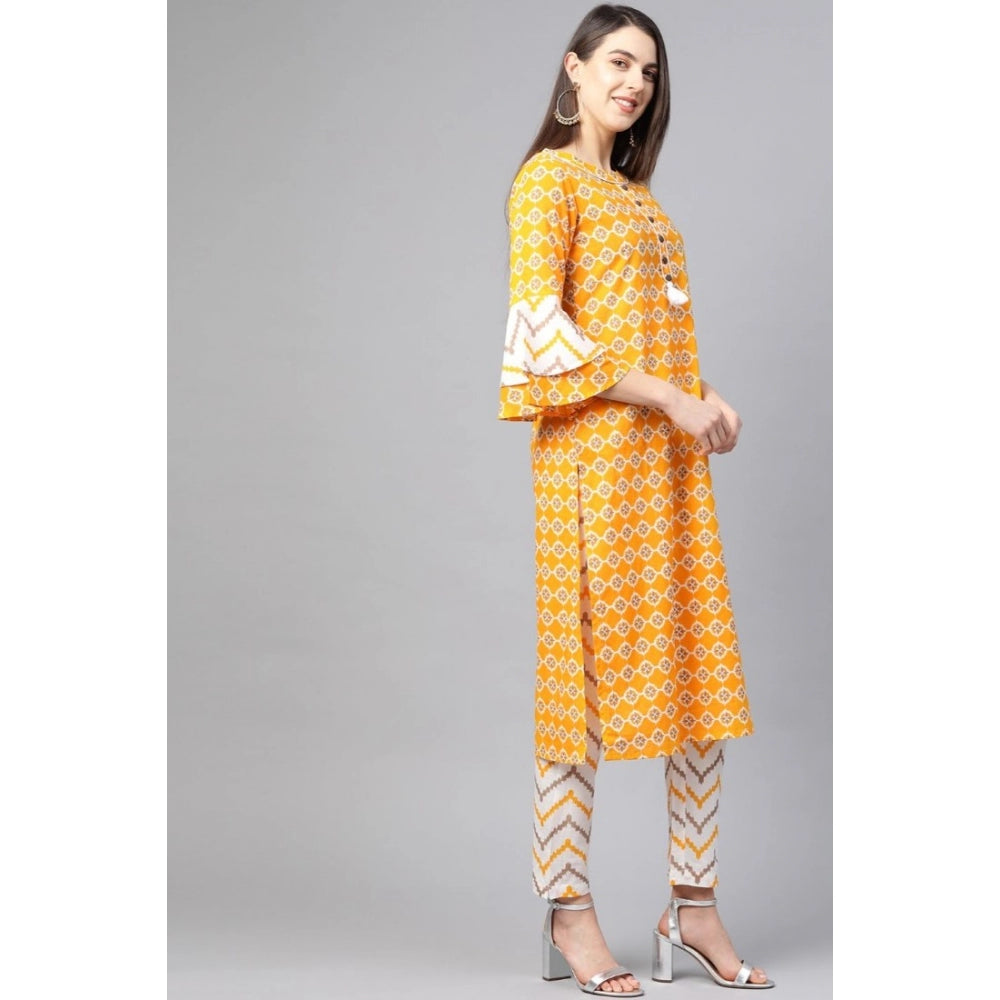 Vaystra Casual 3/4 th Sleeve Floral Printed Cotton Kurti Set – Mustard