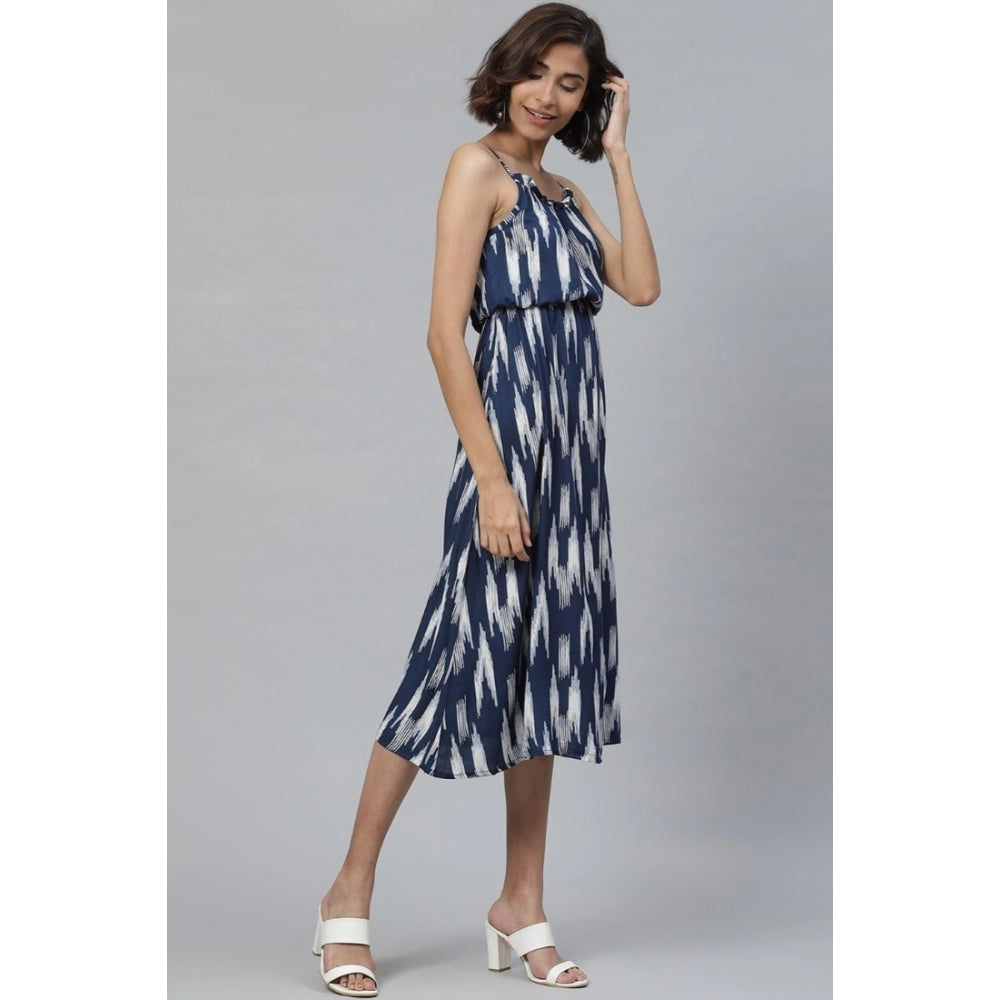 Vaystra Casual Sleeveless Ikat Print Rayon Dress – Blue
