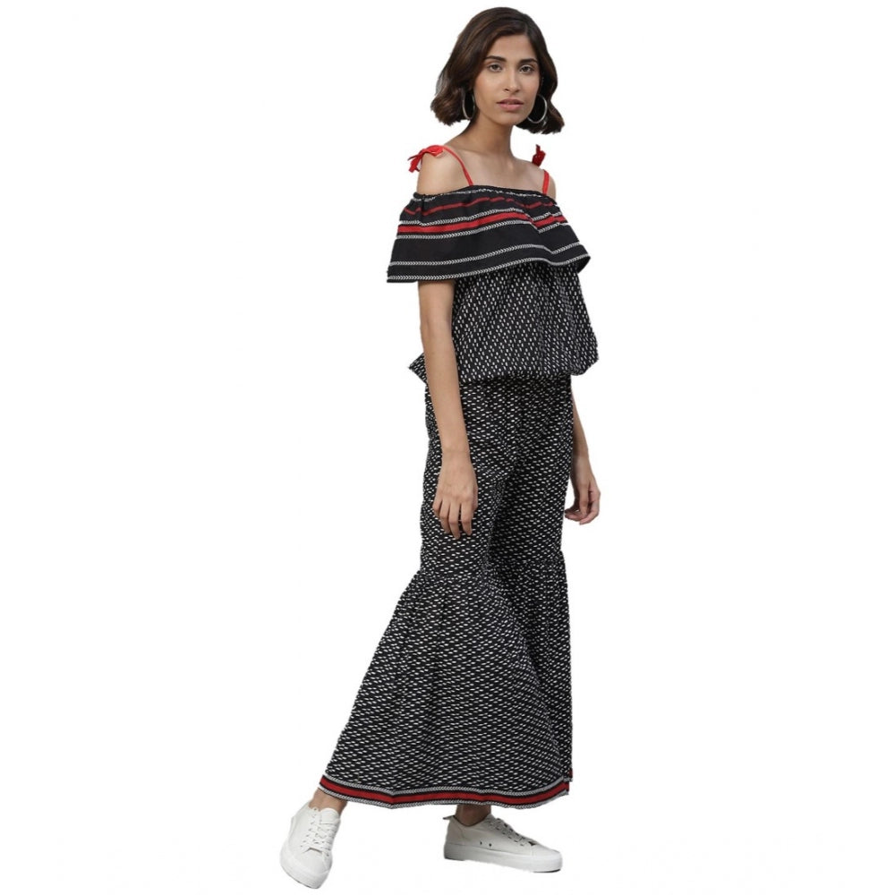 Vaystra Casual shoulder sleeve Geomatrical Printed Cotton Dress – Black