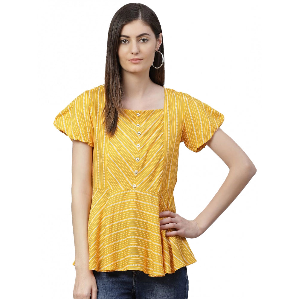 Vaystra Casual Short Sleeves Stripe Printed Rayon Top – Mustard