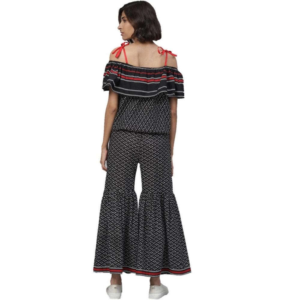 Vaystra Casual shoulder sleeve Geomatrical Printed Cotton Dress – Black