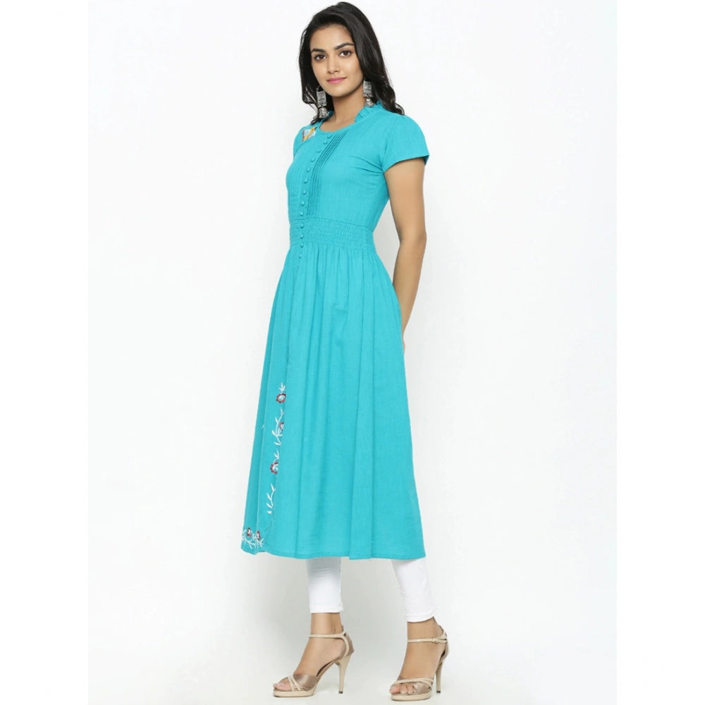 Vaystra Casual Short Sleeve Embroidery Cotton Slub Kurti – Torque Green