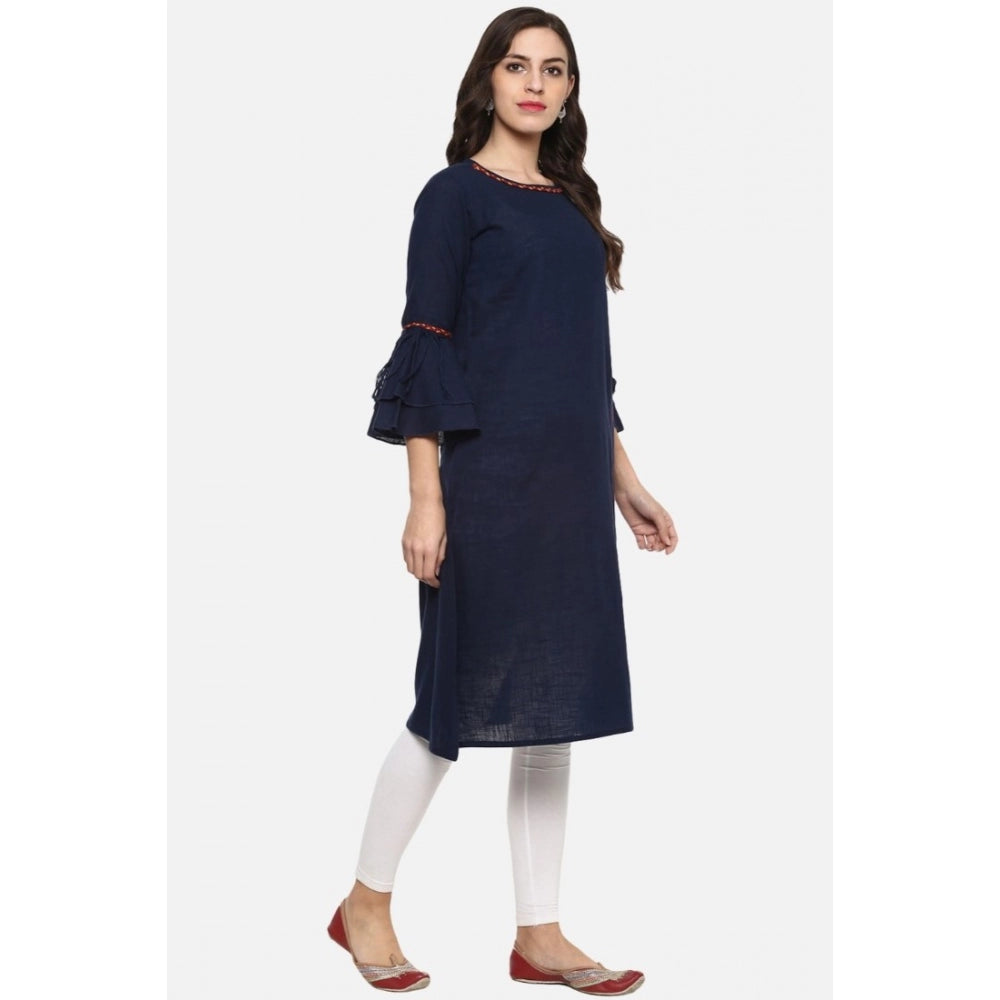 Vaystra Casual Bell Sleeves Solid Cotton Slub Kurti – Blue