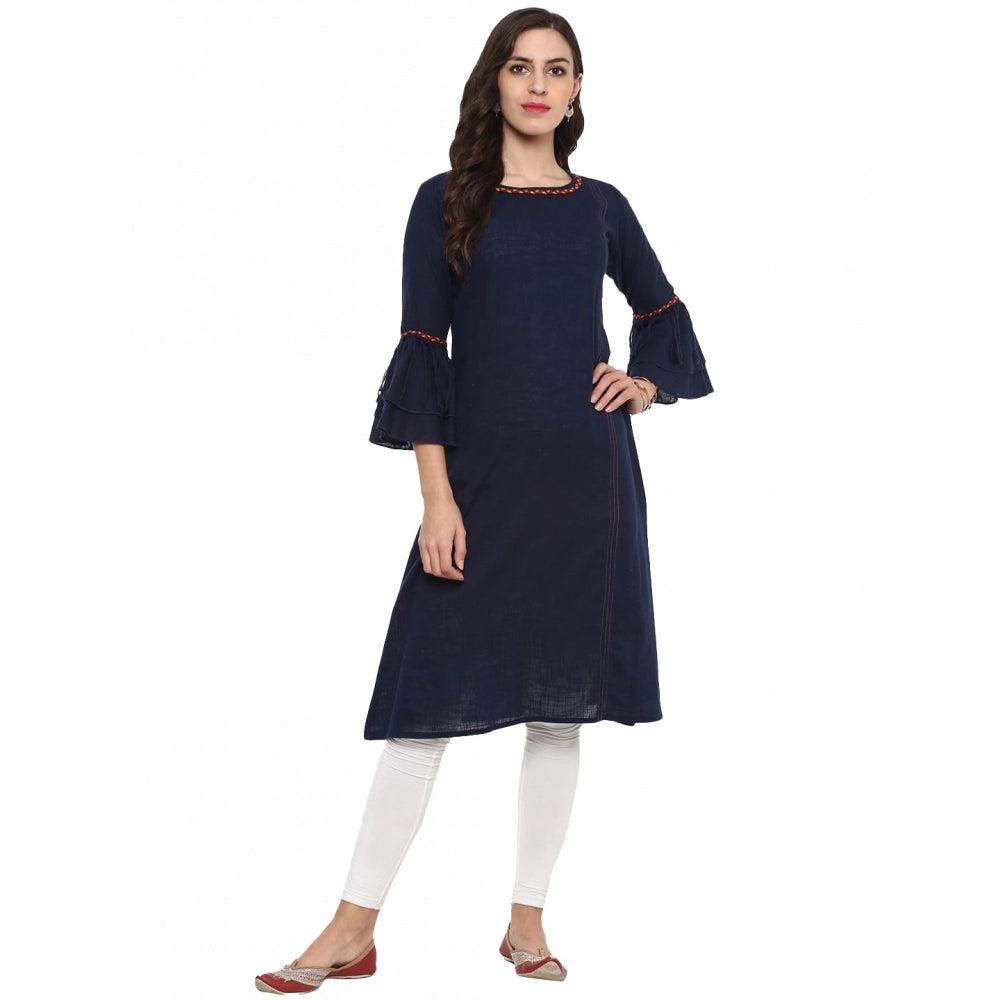 Vaystra Casual Bell Sleeves Solid Cotton Slub Kurti – Blue
