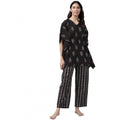 Vaystra Casual Kimono Sleeve Floral Printed Cotton Pyjama Set – Black