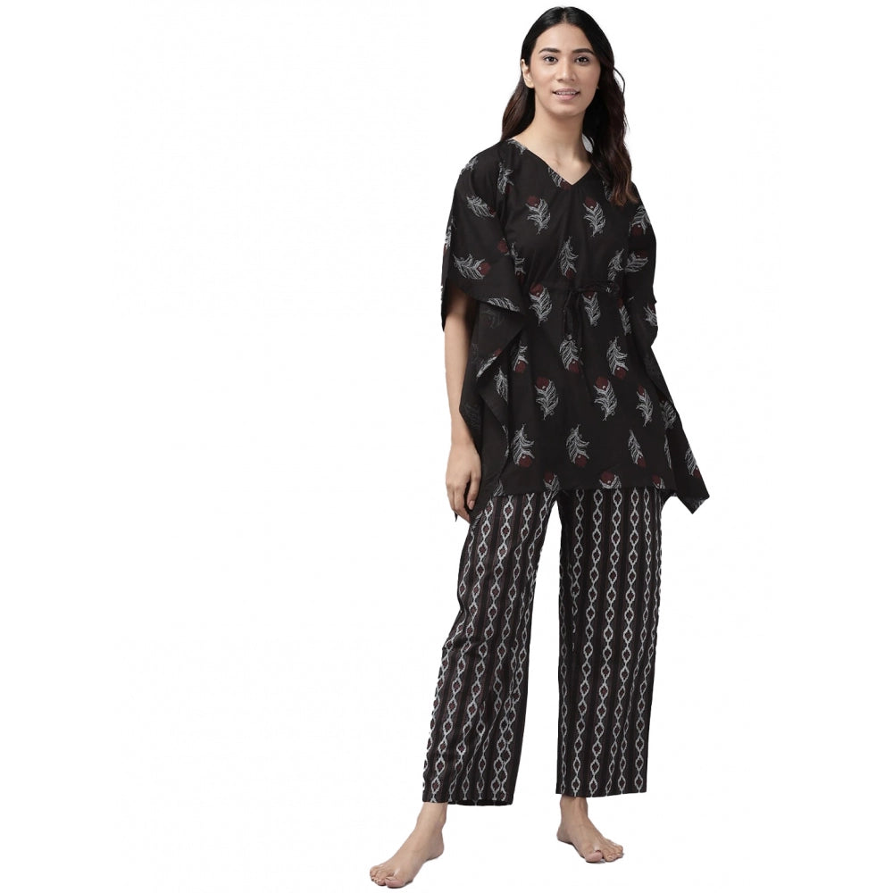 Vaystra Casual Kimono Sleeve Floral Printed Cotton Pyjama Set – Black