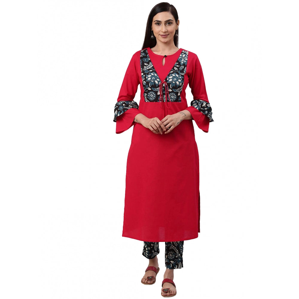Vaystra Casual Bell Sleeves Floral Printed Cotton Kurti Set – Rani Pink