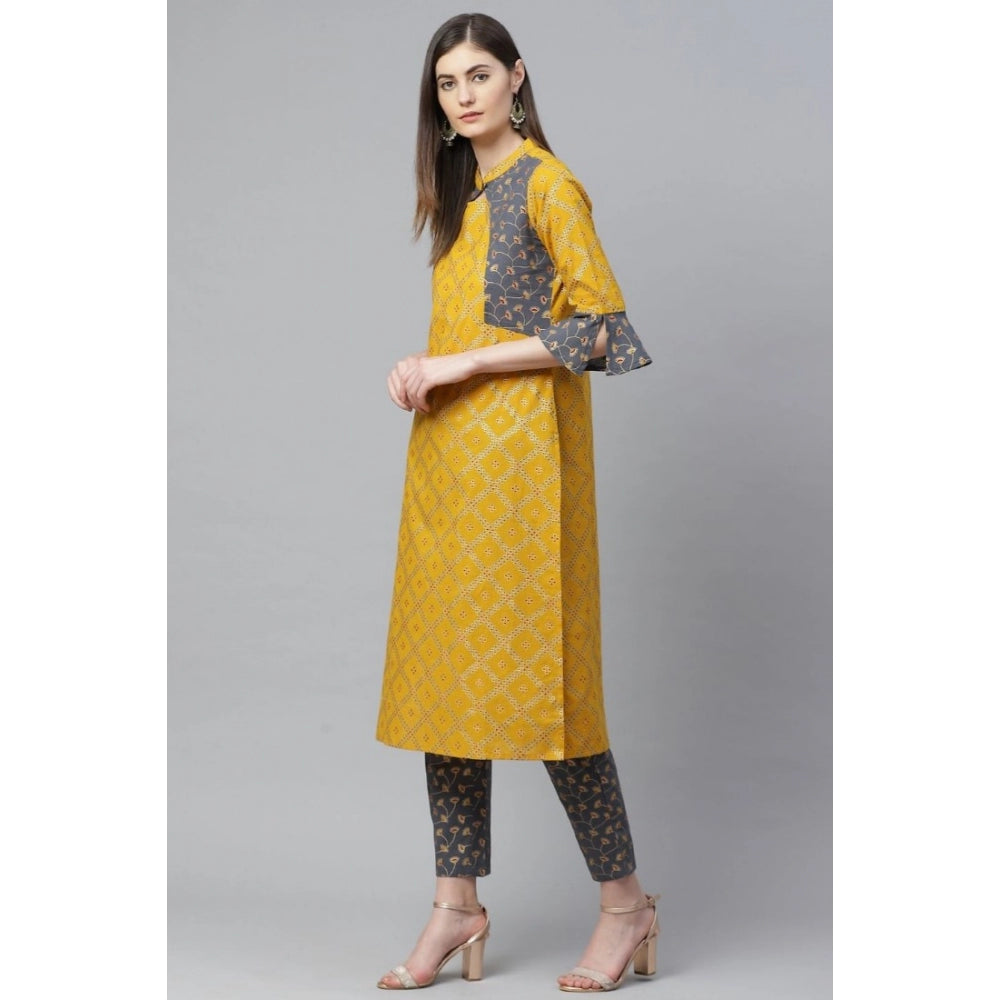 Vaystra Casual Bell Sleeves Geomatrical Printed Cotton Kurti Set – Yellow