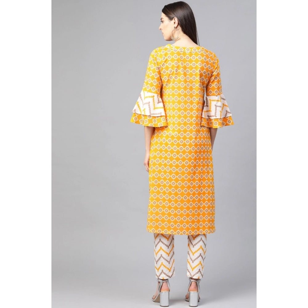 Vaystra Casual 3/4 th Sleeve Floral Printed Cotton Kurti Set – Mustard