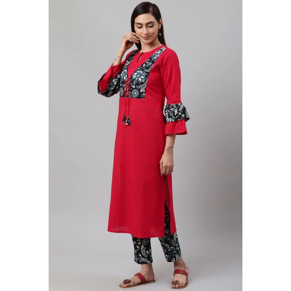 Vaystra Casual Bell Sleeves Floral Printed Cotton Kurti Set – Rani Pink