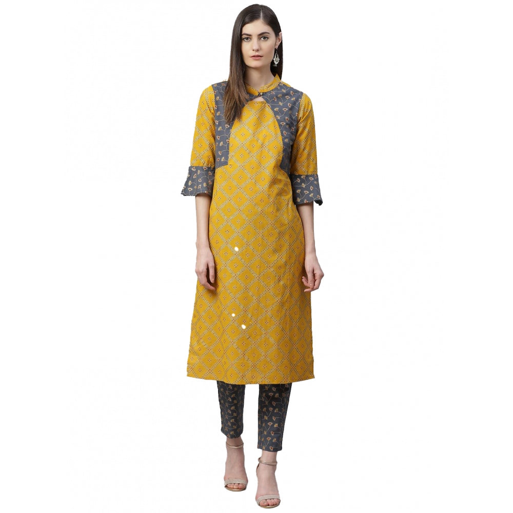 Vaystra Casual Bell Sleeves Geomatrical Printed Cotton Kurti Set – Yellow