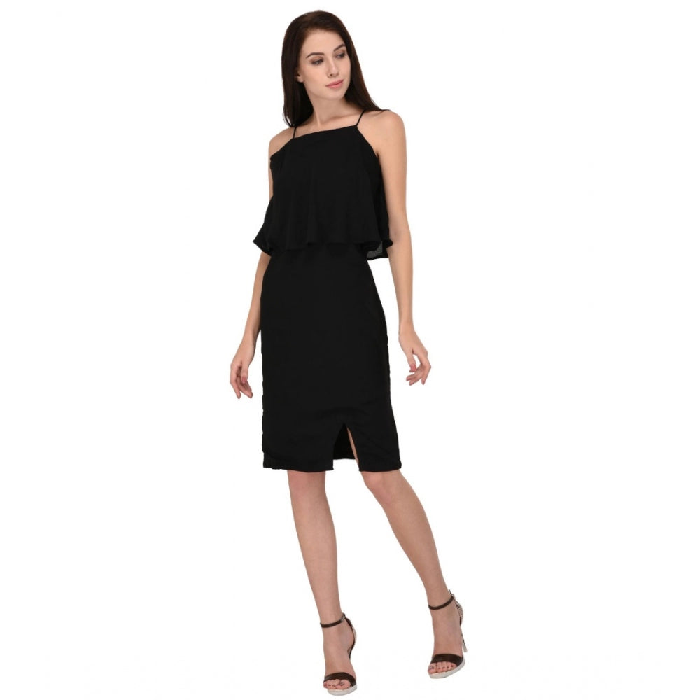 Vaystra Cotton Blend Solid Sleeveless Dress – Black