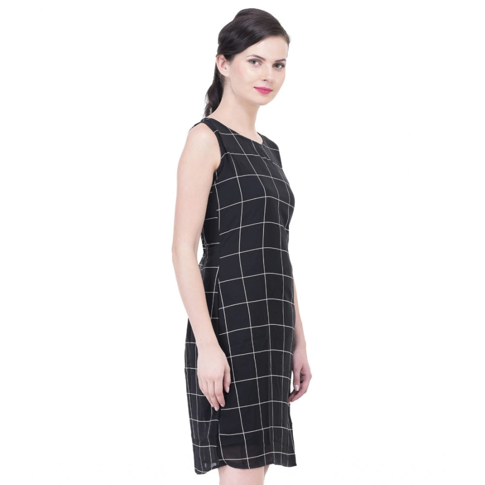 Vaystra Cotton Blend Checked Sleeveless Sheath Dress – Black