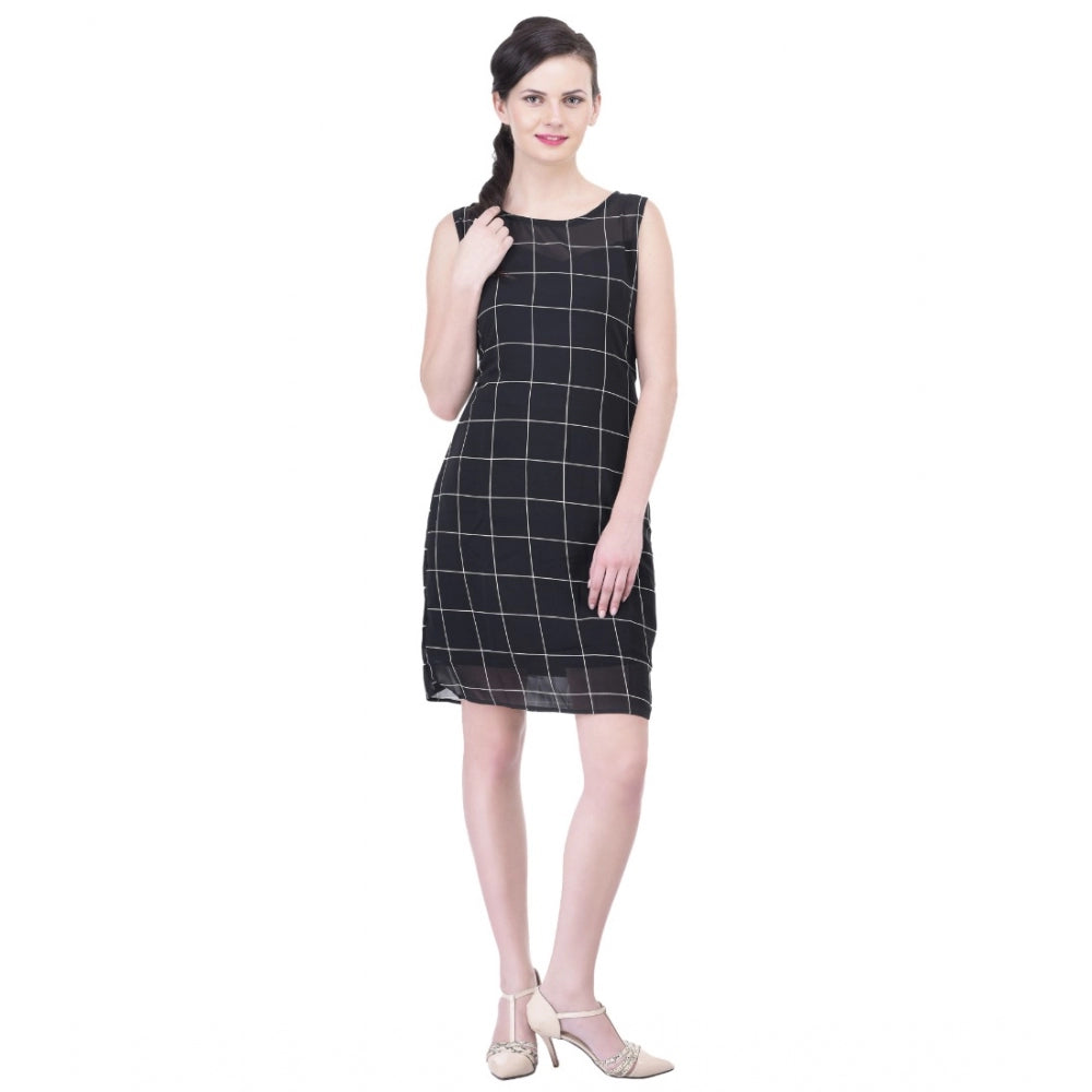 Vaystra Cotton Blend Checked Sleeveless Sheath Dress – Black