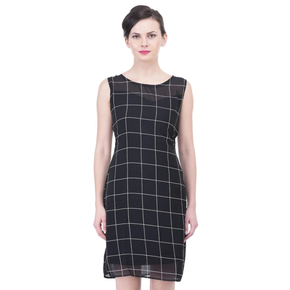 Vaystra Cotton Blend Checked Sleeveless Sheath Dress – Black
