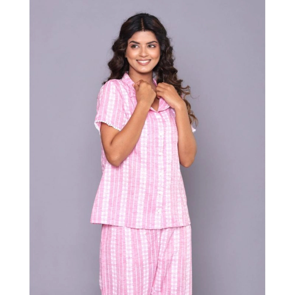 Vaystra Casual Cotton Short Sleeve Full Night Suit Set – Pink