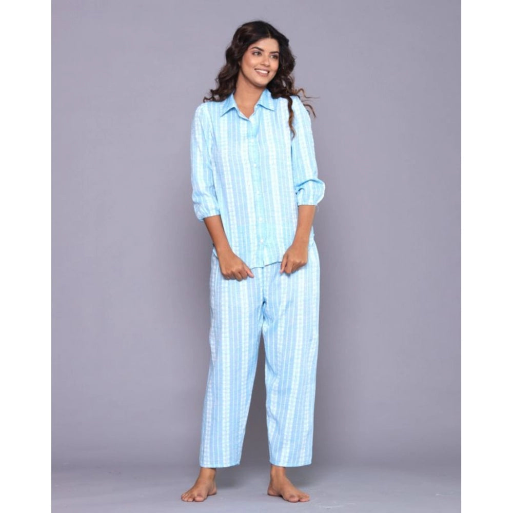 Vaystra Casual Cotton 3-4th Sleeve Full Night Suit Set – Aqua