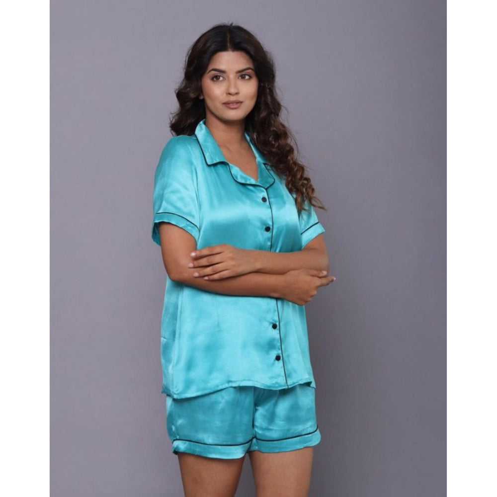 Vaystra Casual Satin Half Sleeve Night Suit Set – Turquoise