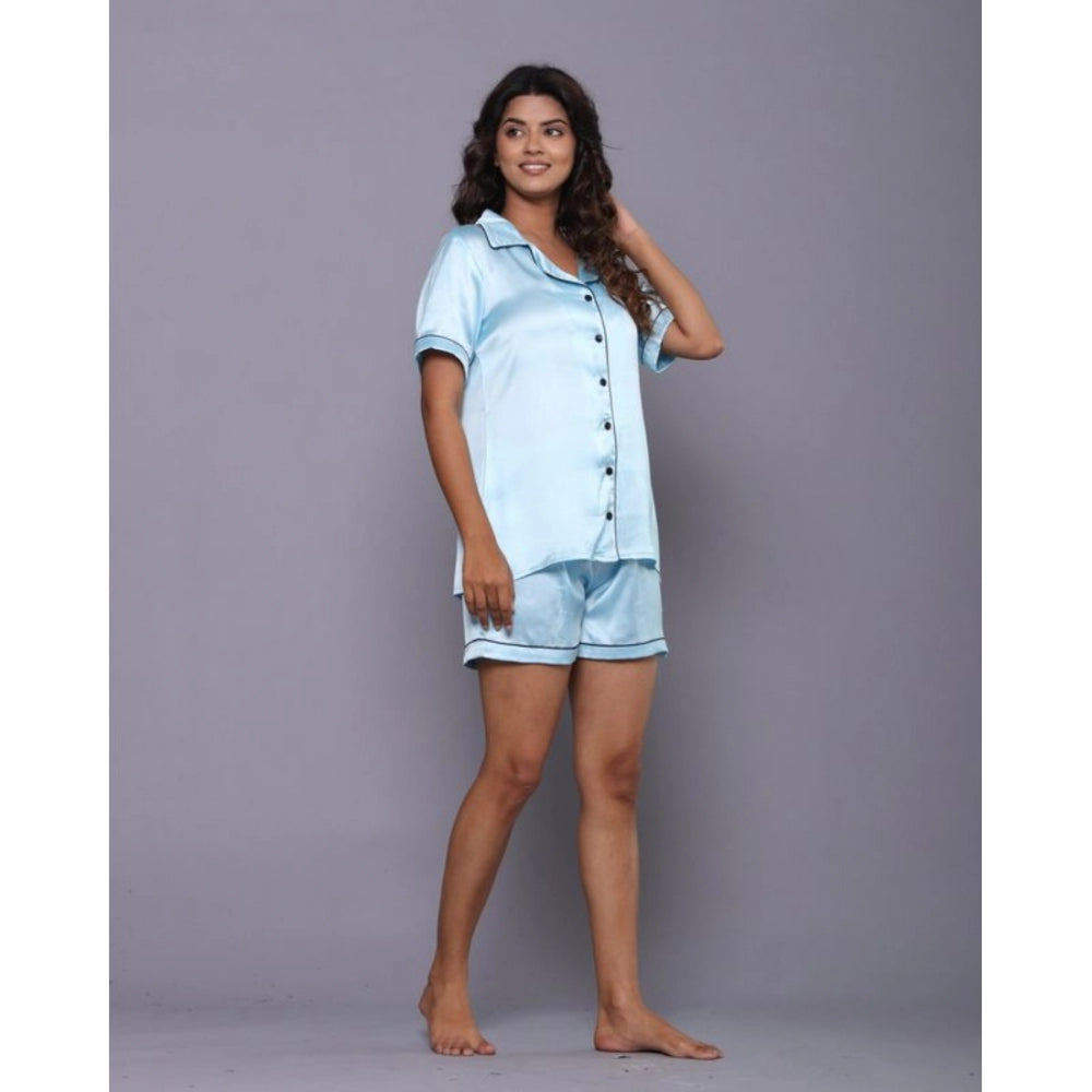 Vaystra Casual Satin Half Sleeve Night Suit Set – Blue