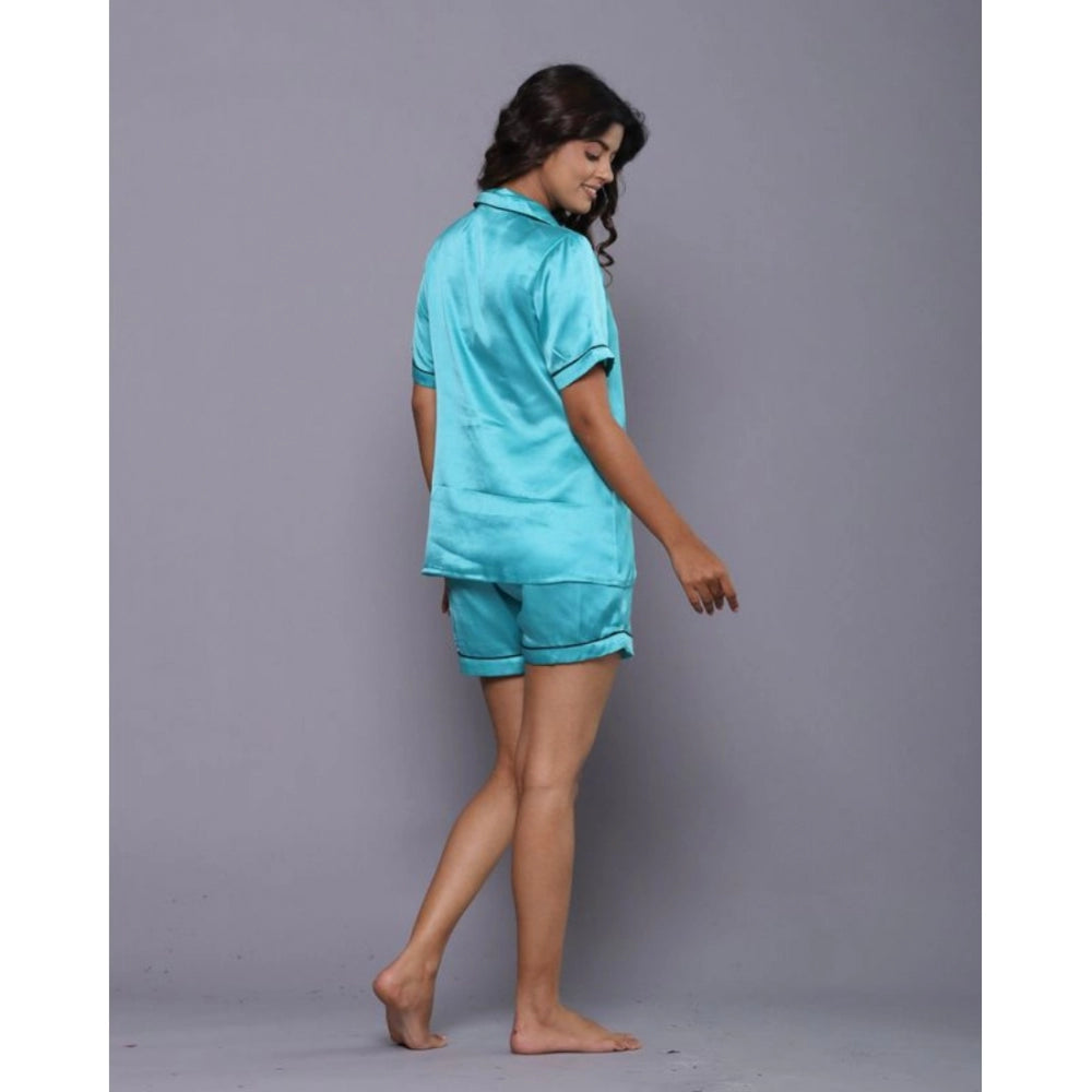 Vaystra Casual Satin Half Sleeve Night Suit Set – Turquoise
