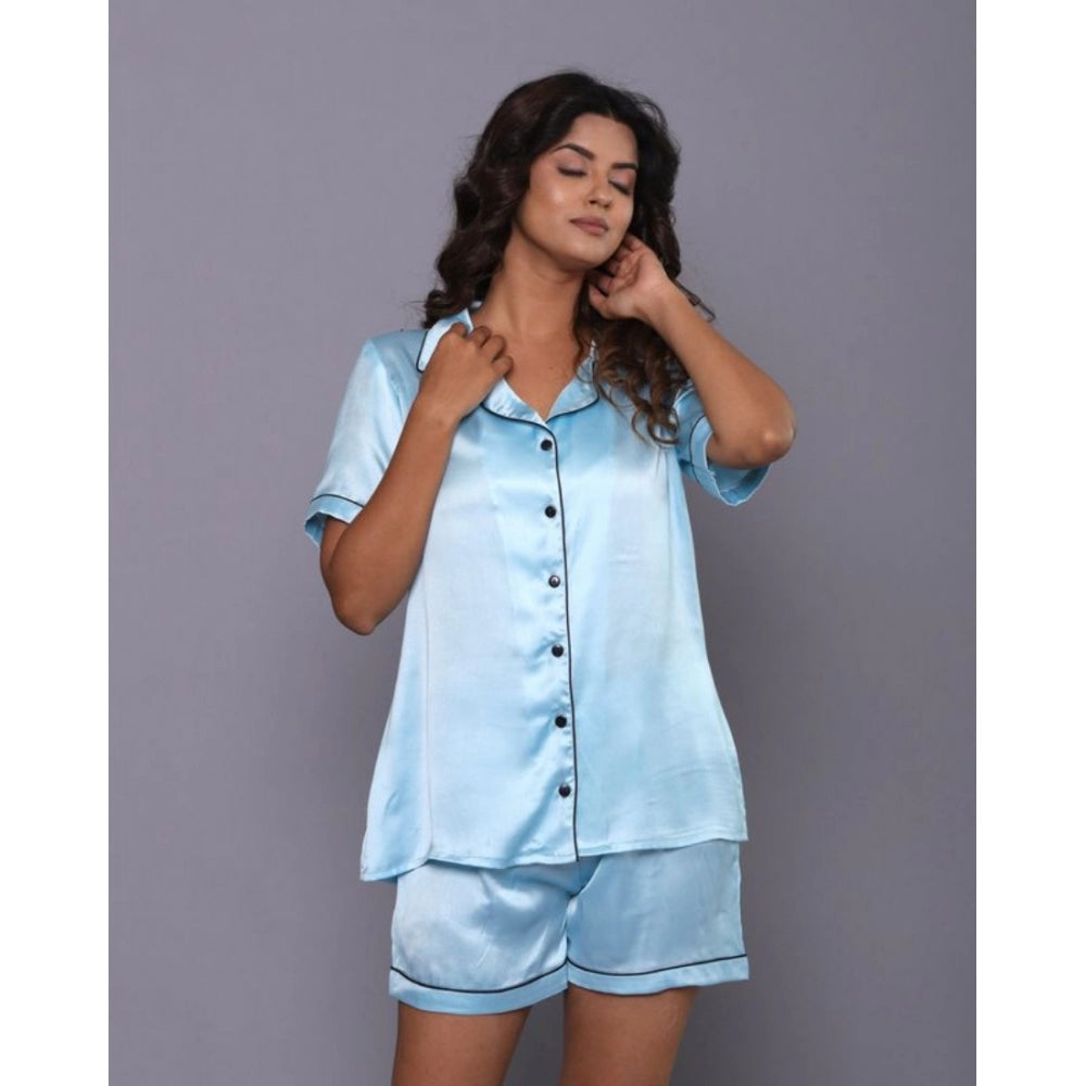 Vaystra Casual Satin Half Sleeve Night Suit Set – Blue