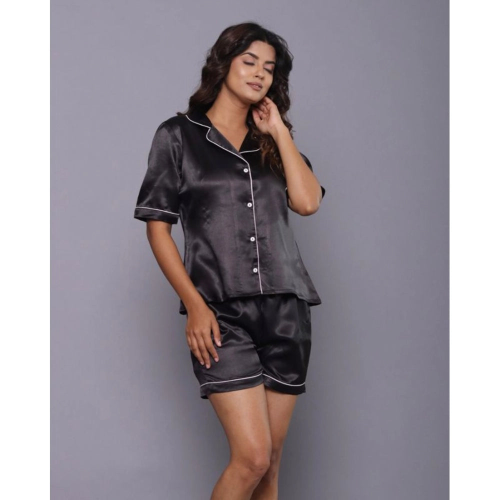 Vaystra Casual Satin Half Sleeve Night Suit Set – Black