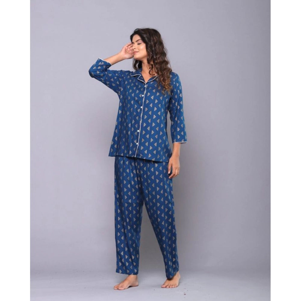 Vaystra Casual Rayon 3-4th Sleeve Night Suit Set – Blue