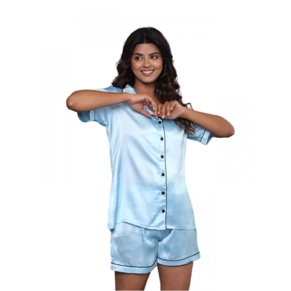 Vaystra Casual Satin Half Sleeve Night Suit Set – Blue