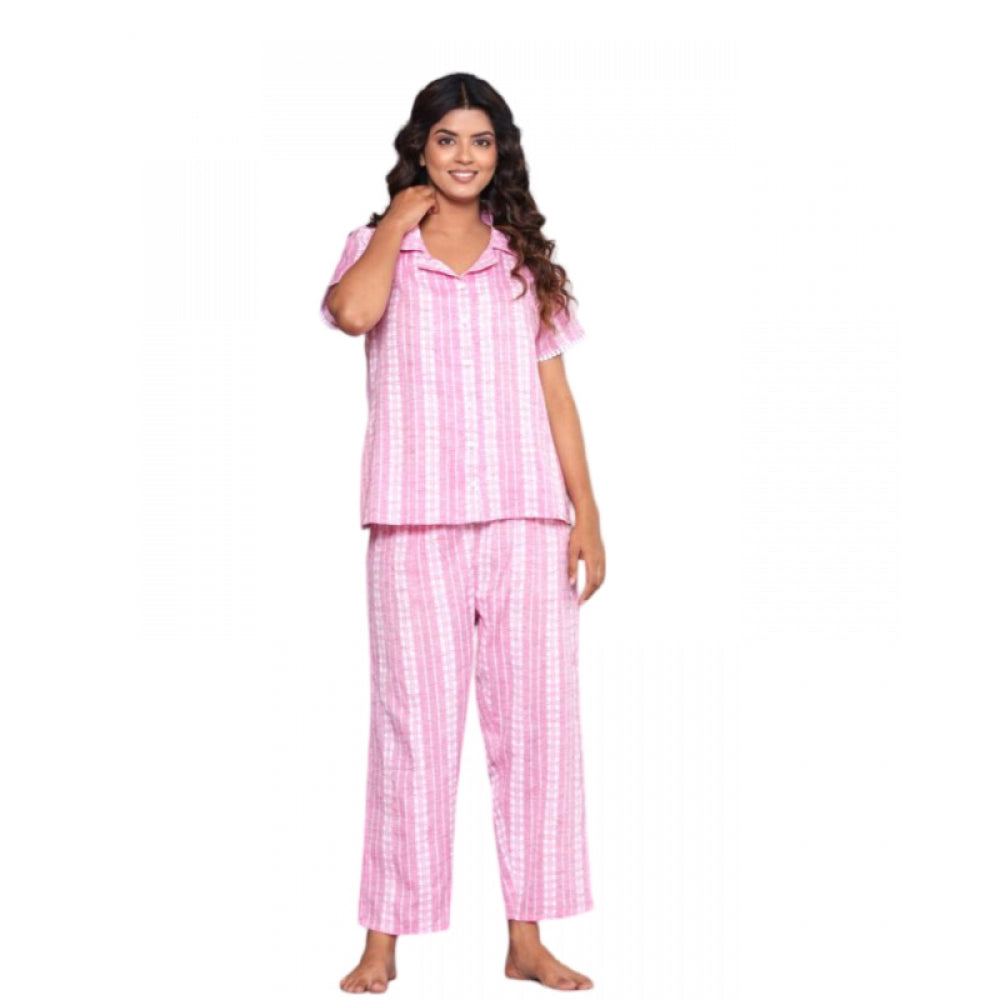 Vaystra Casual Cotton Short Sleeve Full Night Suit Set – Pink