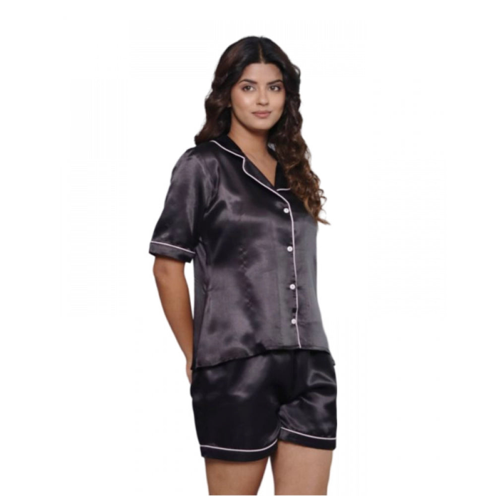 Vaystra Casual Satin Half Sleeve Night Suit Set – Black