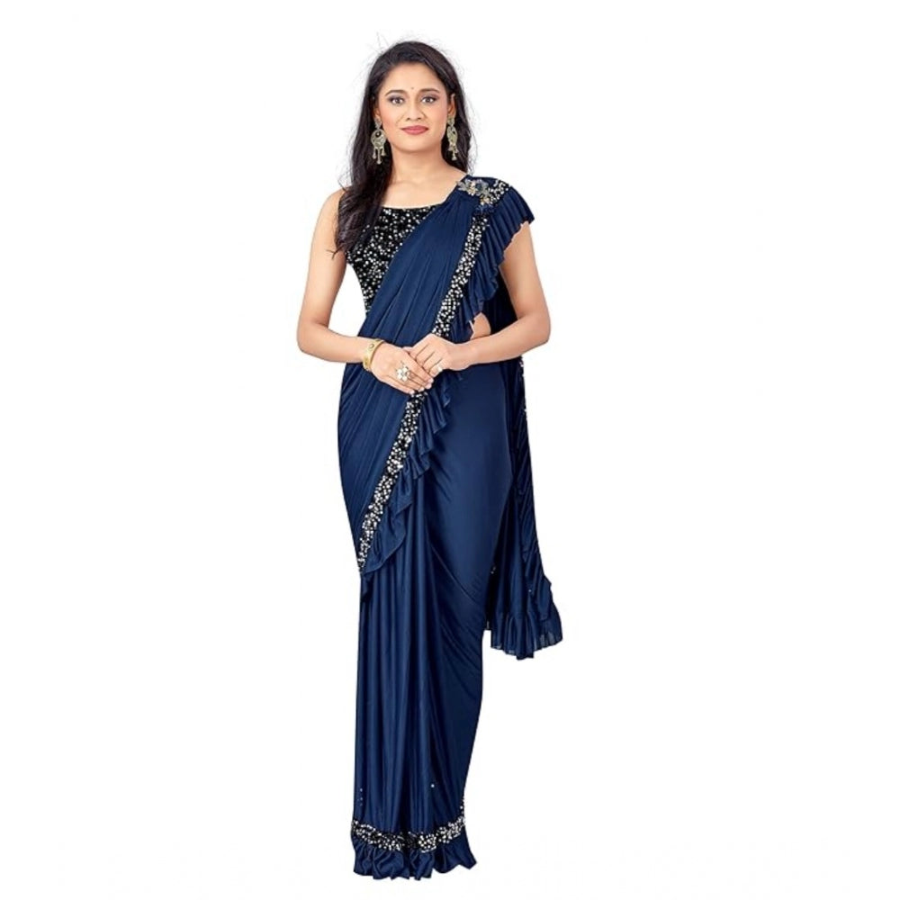 Vaystra Lycra Solid Saree With Unstitched Blouse – Nay Blue
