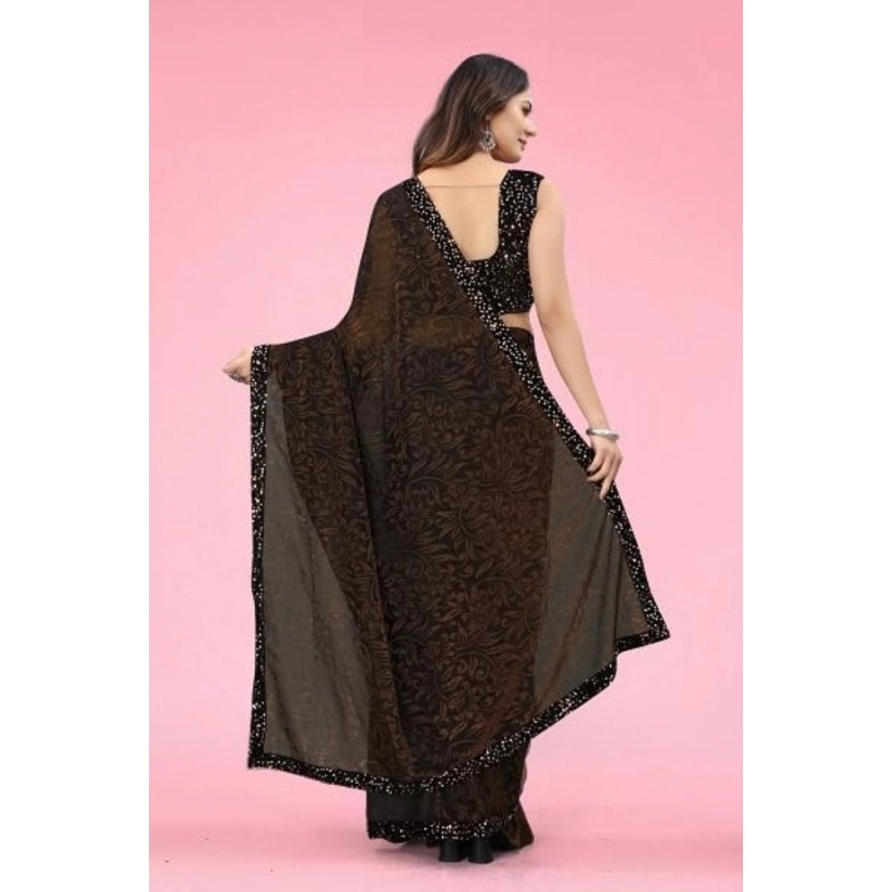 Vaystra Lycra Floral Saree With Unstitched Blouse – Brown