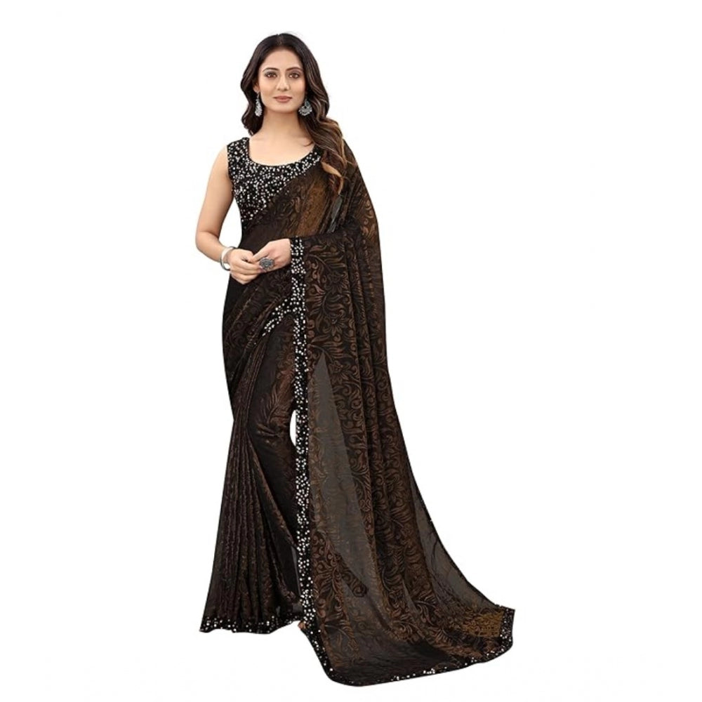 Vaystra Lycra Floral Saree With Unstitched Blouse – Brown