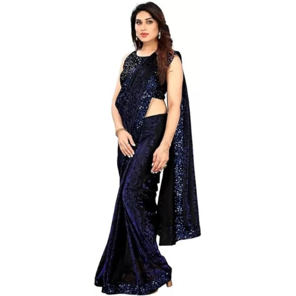 Vaystra Lycra Floral Saree With Unstitched Blouse – Blue