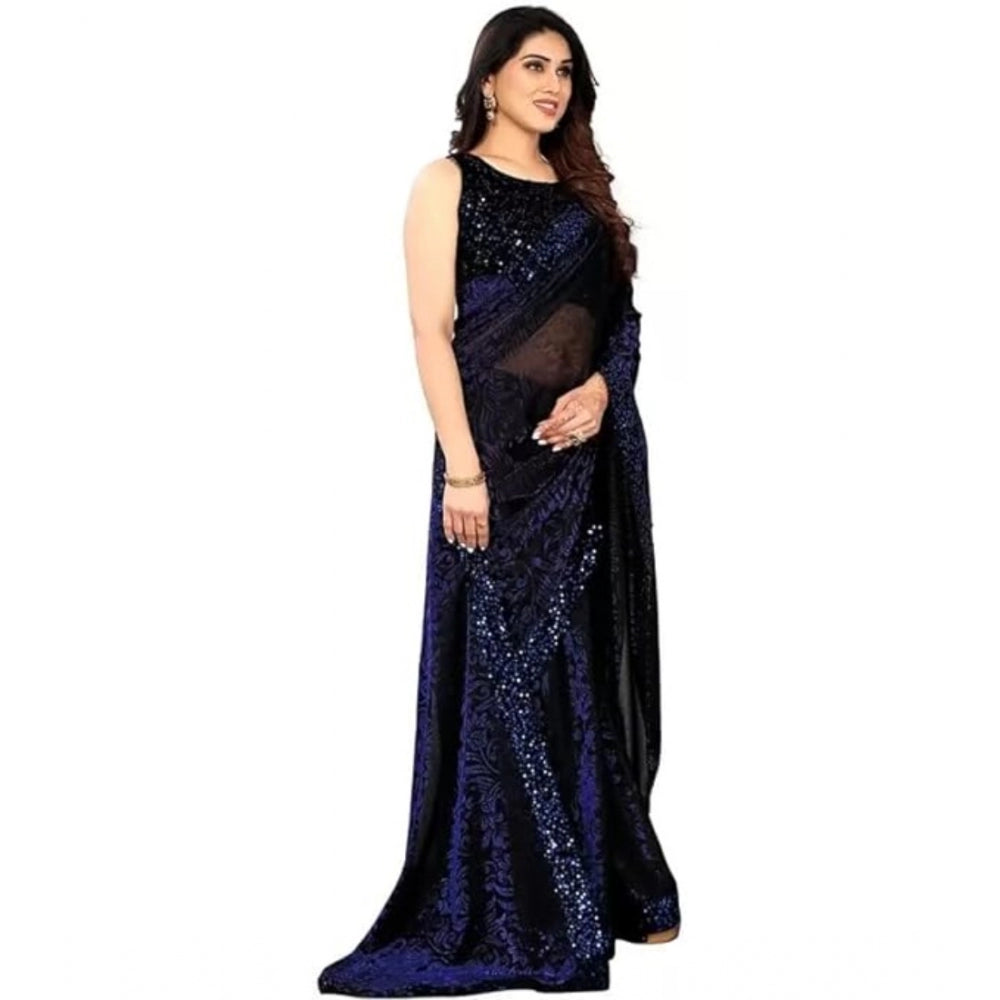 Vaystra Lycra Floral Saree With Unstitched Blouse – Blue