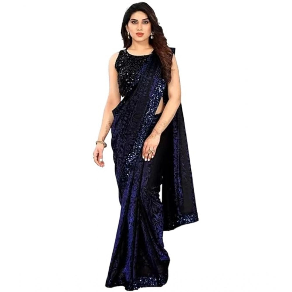 Vaystra Lycra Floral Saree With Unstitched Blouse – Blue