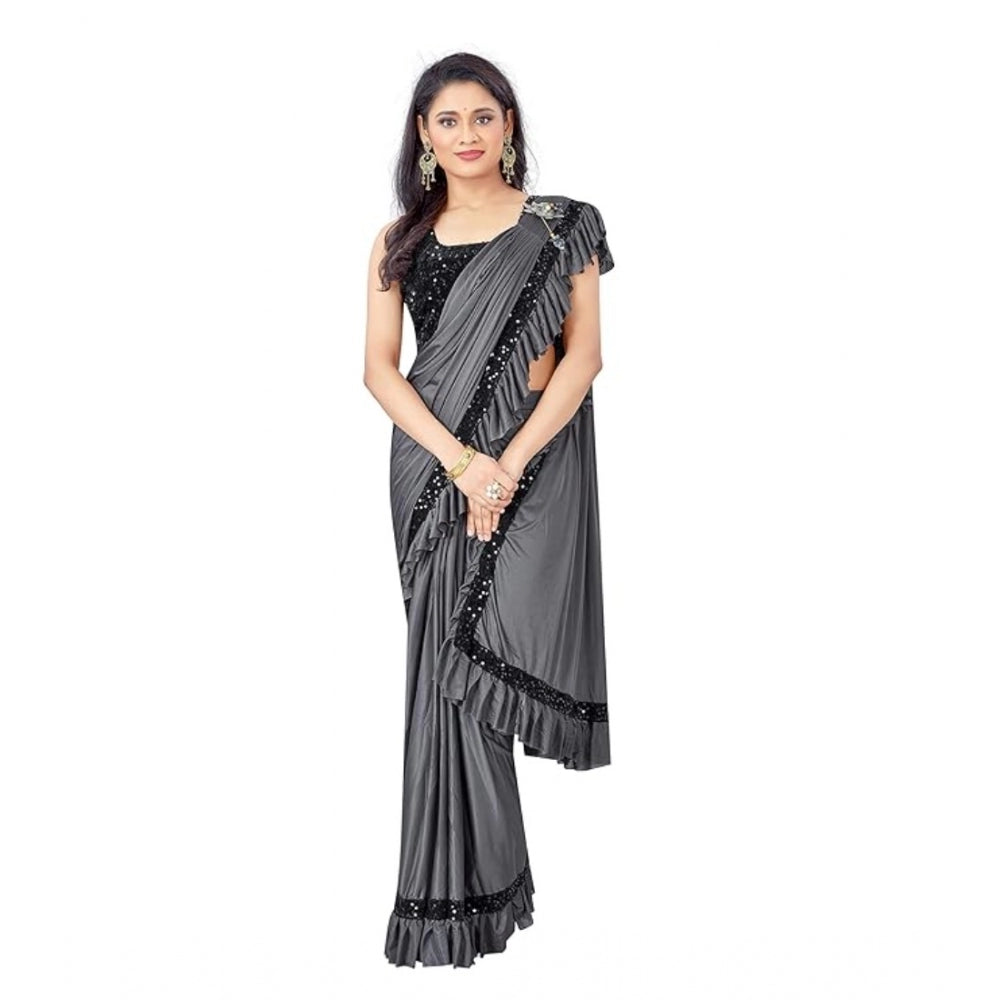 Vaystra Lycra Solid Saree With Unstitched Blouse – Grey