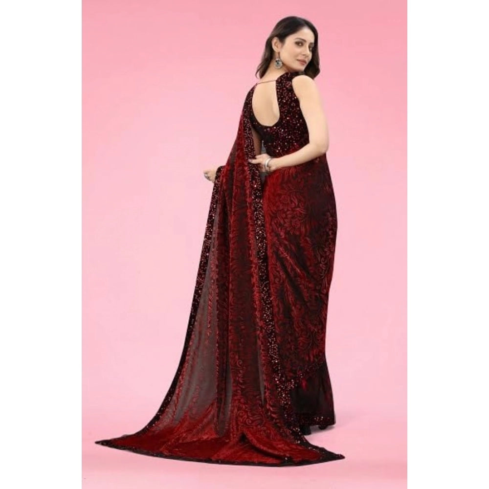 Vaystra Lycra Floral Saree With Unstitched Blouse – Maroon