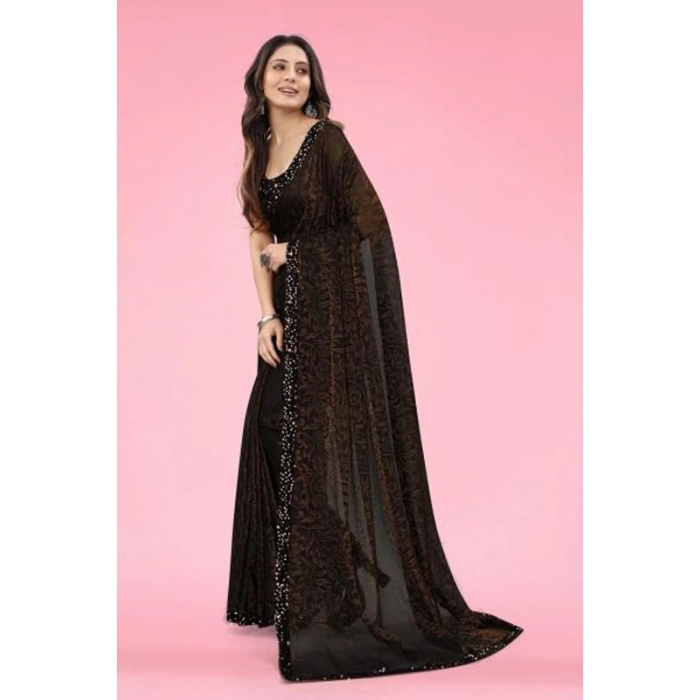 Vaystra Lycra Floral Saree With Unstitched Blouse – Brown