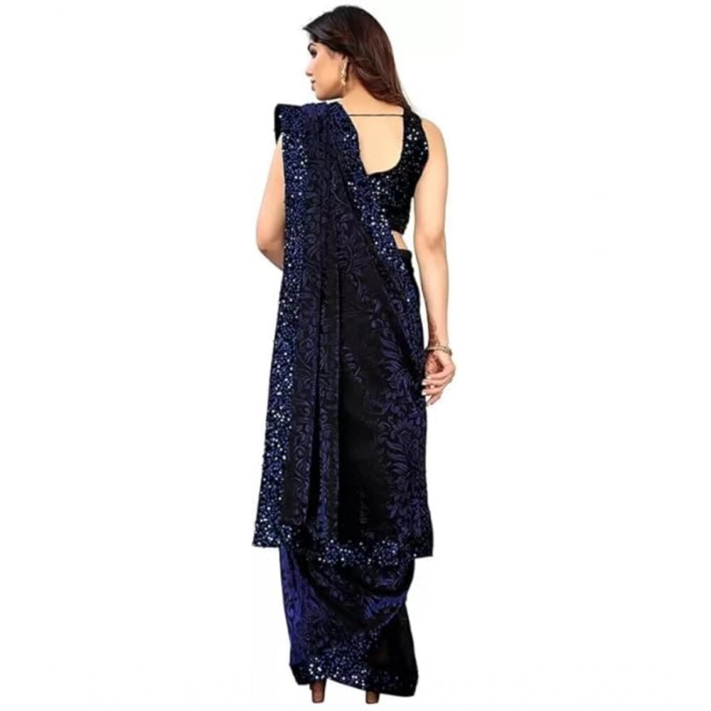Vaystra Lycra Floral Saree With Unstitched Blouse – Blue
