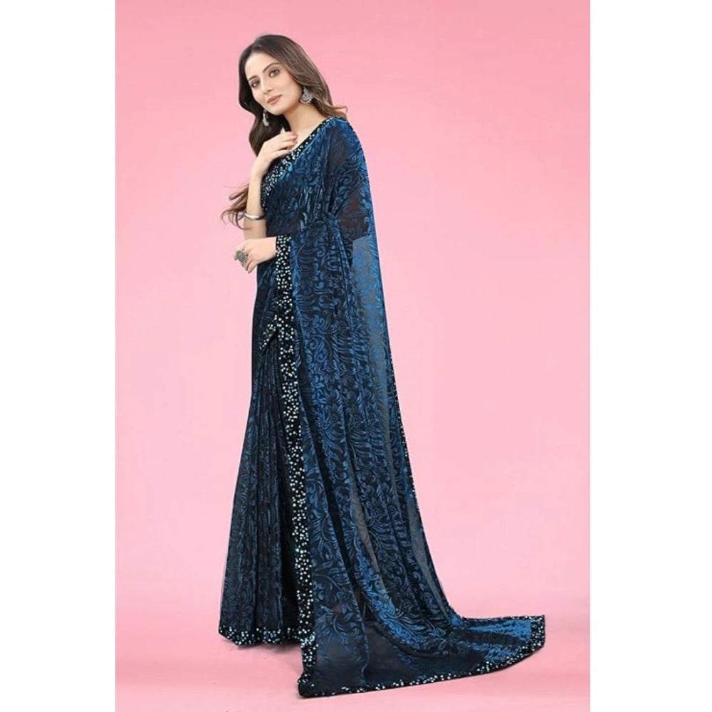 Vaystra Lycra Floral Saree With Unstitched Blouse – Blue