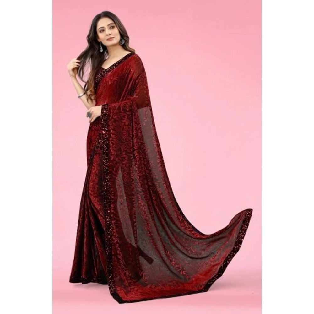 Vaystra Lycra Floral Saree With Unstitched Blouse – Maroon
