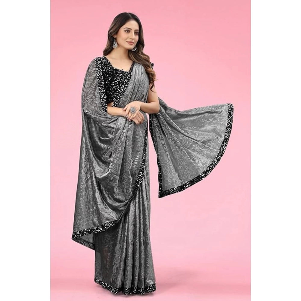 Vaystra Lycra Floral Saree With Unstitched Blouse – Grey