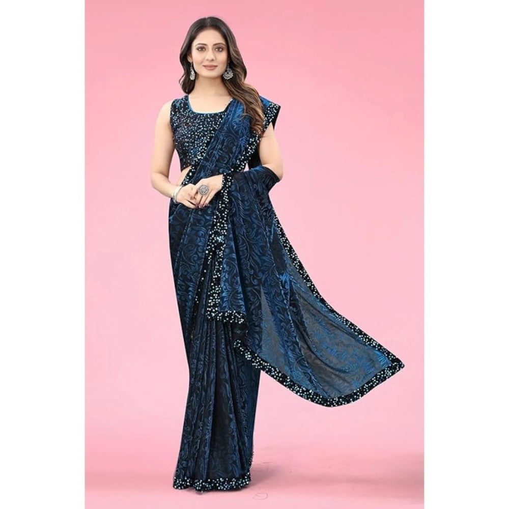 Vaystra Lycra Floral Saree With Unstitched Blouse – Blue