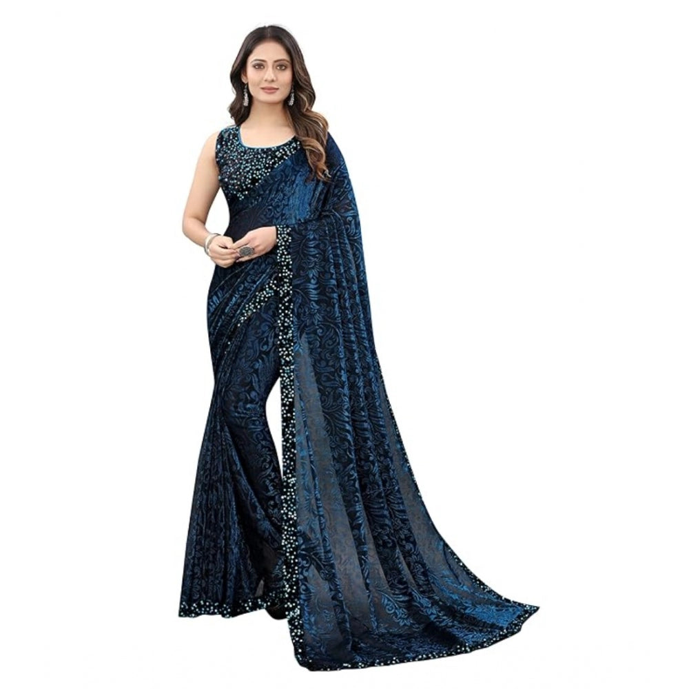 Vaystra Lycra Floral Saree With Unstitched Blouse – Blue