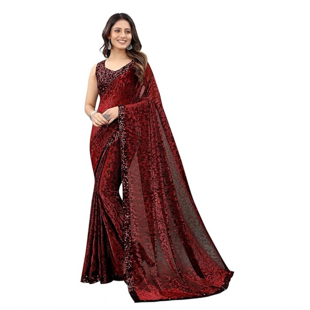 Vaystra Lycra Floral Saree With Unstitched Blouse – Maroon
